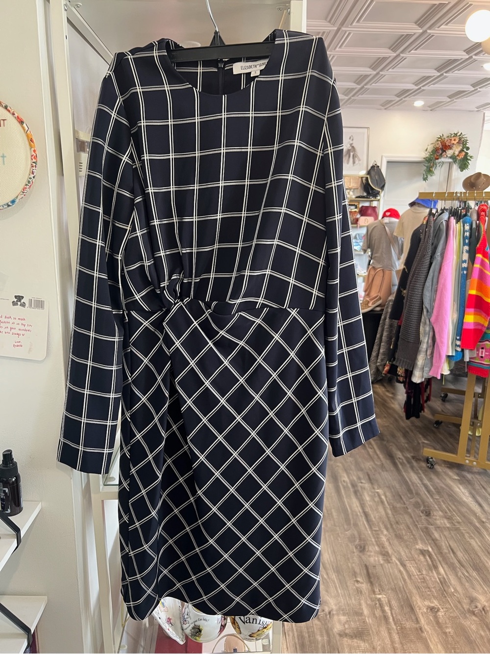 Elizabeth and James Black and White Windowpane Long-Sleeve Twist-Waist Dress